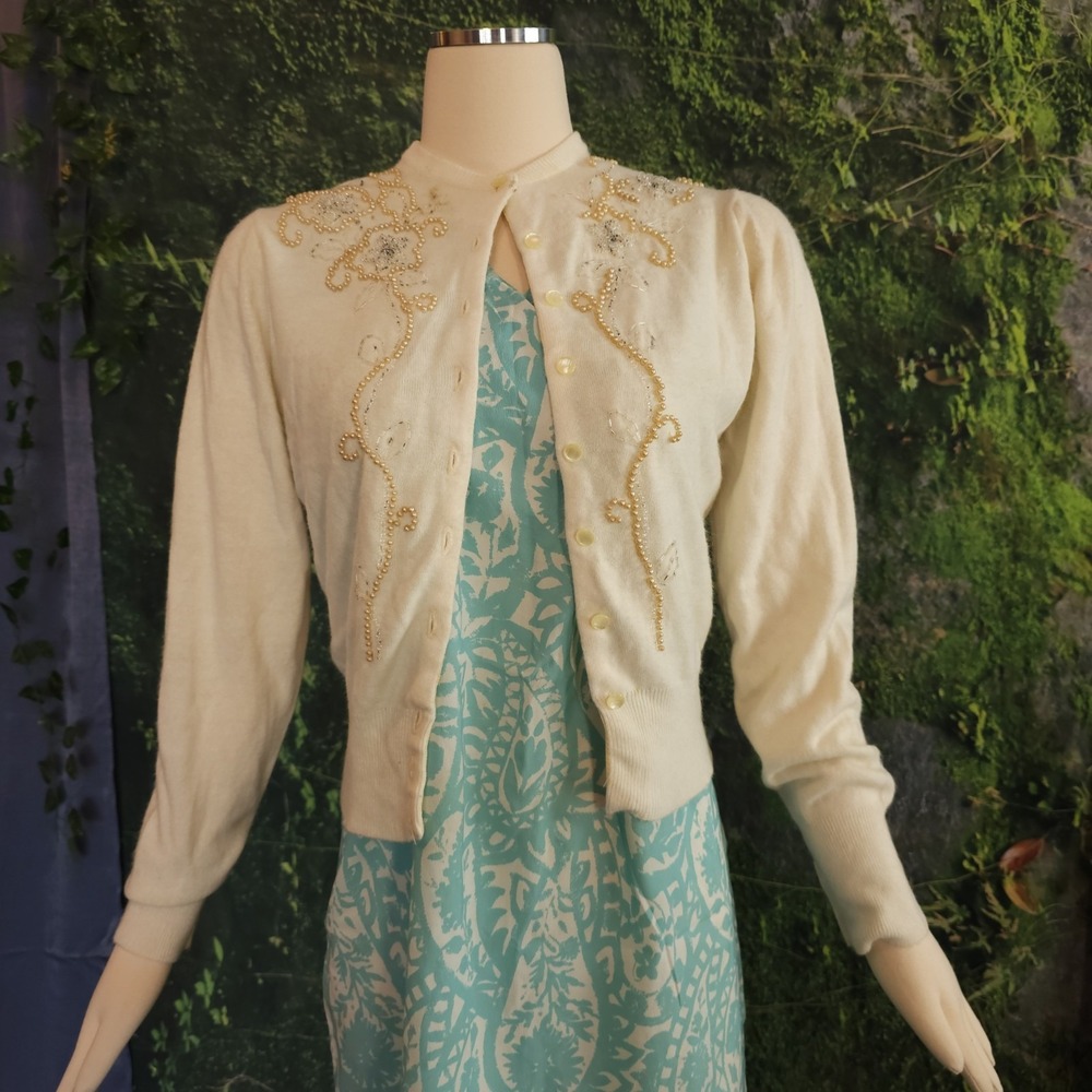 Vintage 1960's Cardigan Sweater Cream Beaded Susan Scott Originals Pinup - Picture 6 of 15